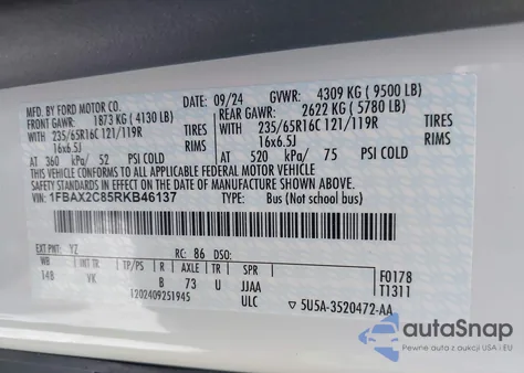 2024 Ford Transit-350 Passenger Van Xl from USA, damaged, VIN 1FBAX2C85RKB46137